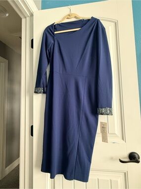 Elegant Navy Blue Long Sleeve Midi Dress with Beaded Cuffs